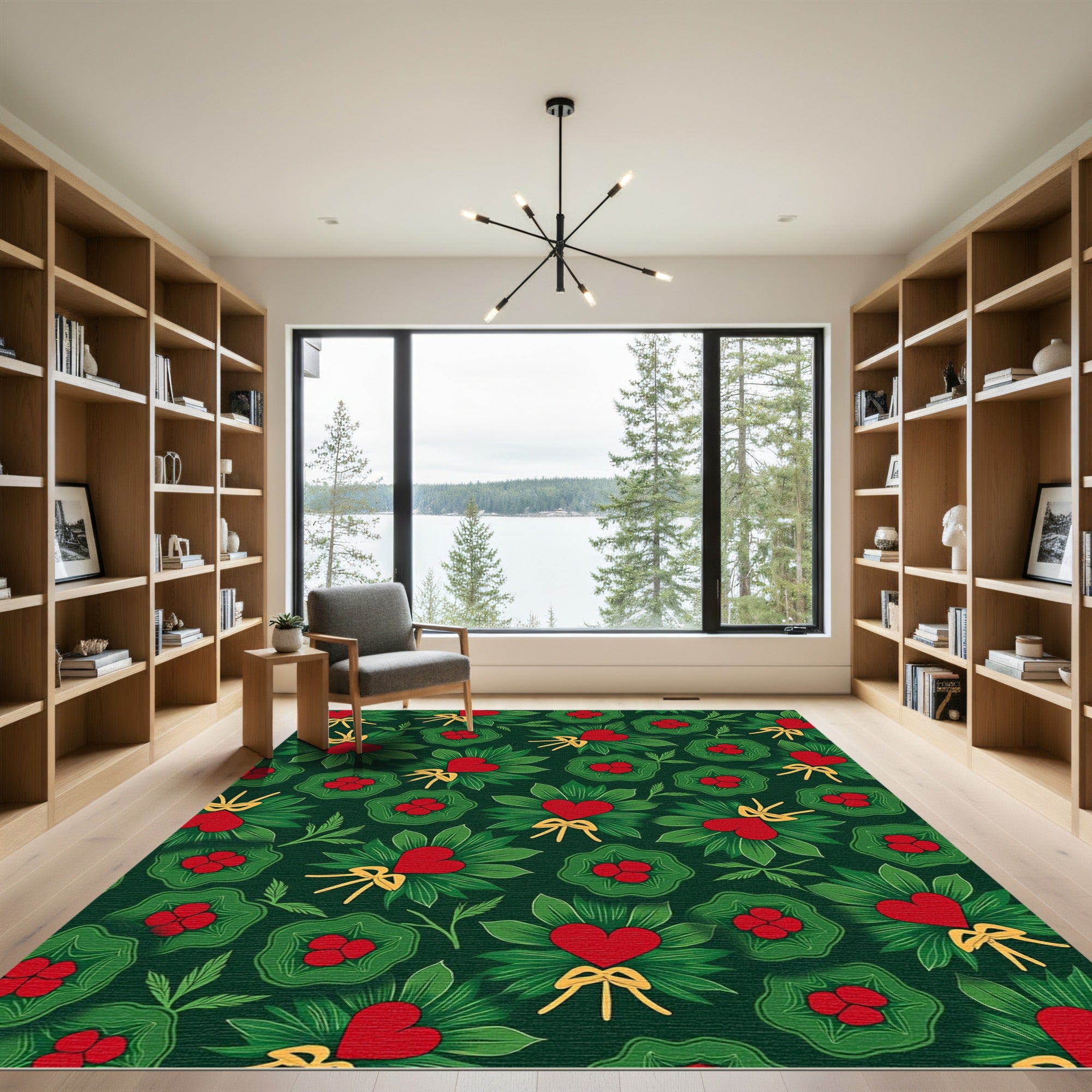 Vibrant Red Hearts Green Wreaths Rug