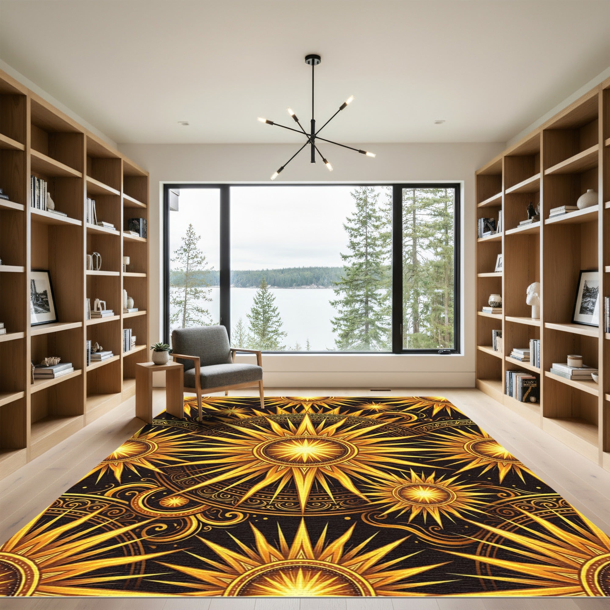 Celestial Gold Sunburst Starry Night Rug