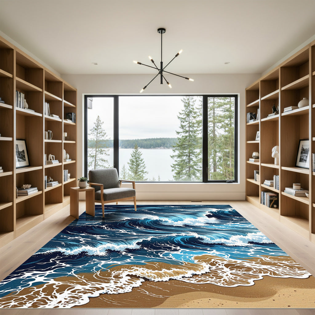 Dramatic Navy Blue Ocean Wave Rug