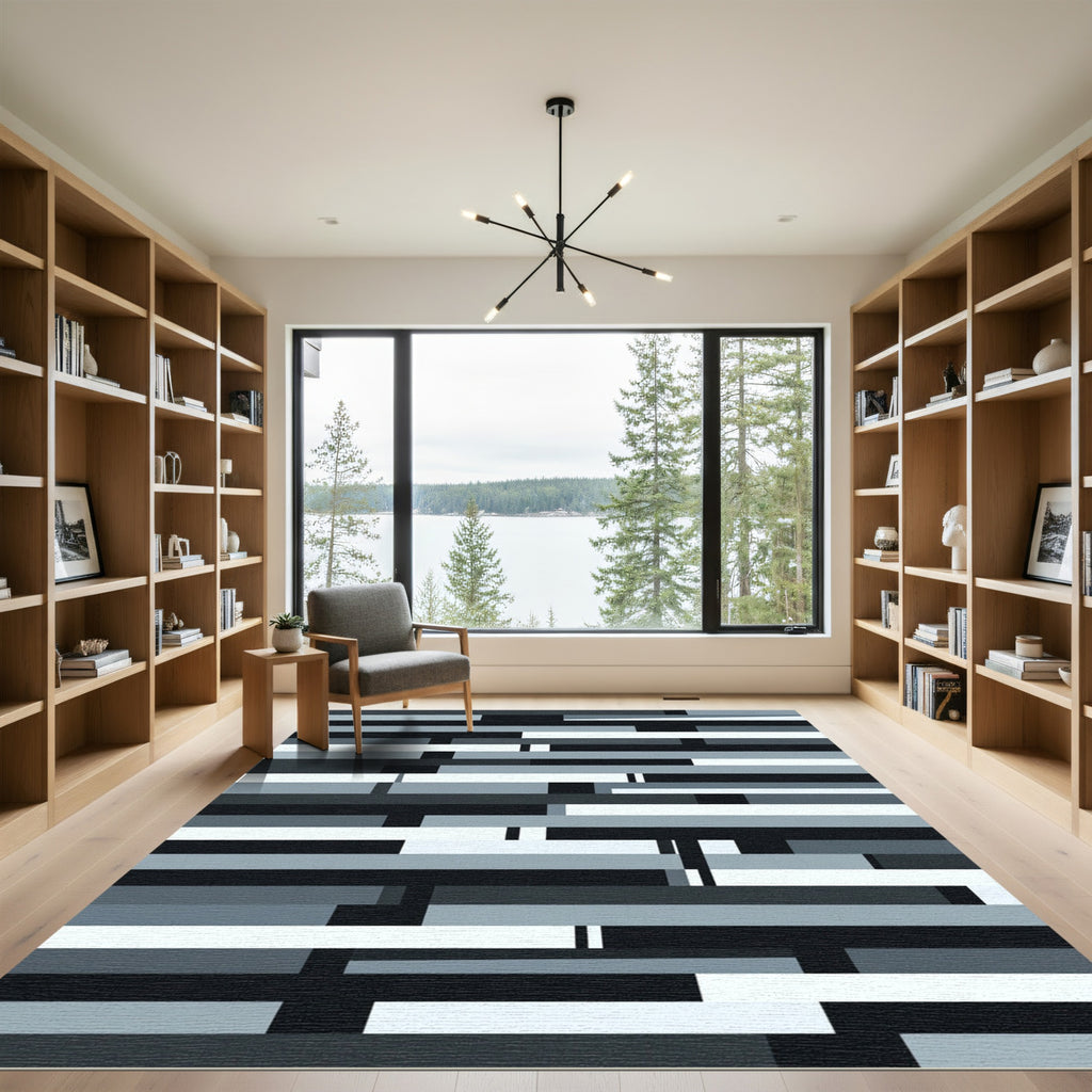 Modern Monochrome Abstract Layered Bar Rug