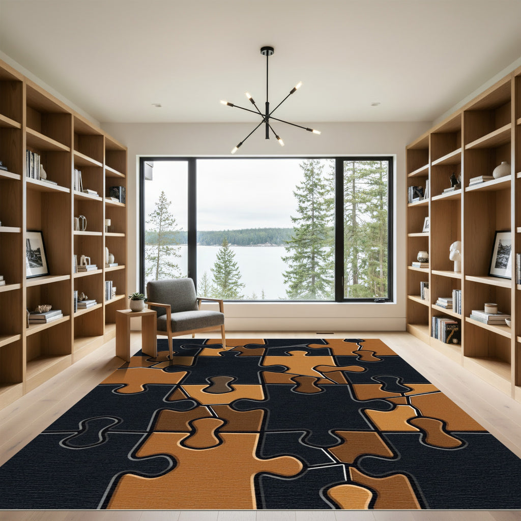 Abstract Gold and Black Jigsaw Rug