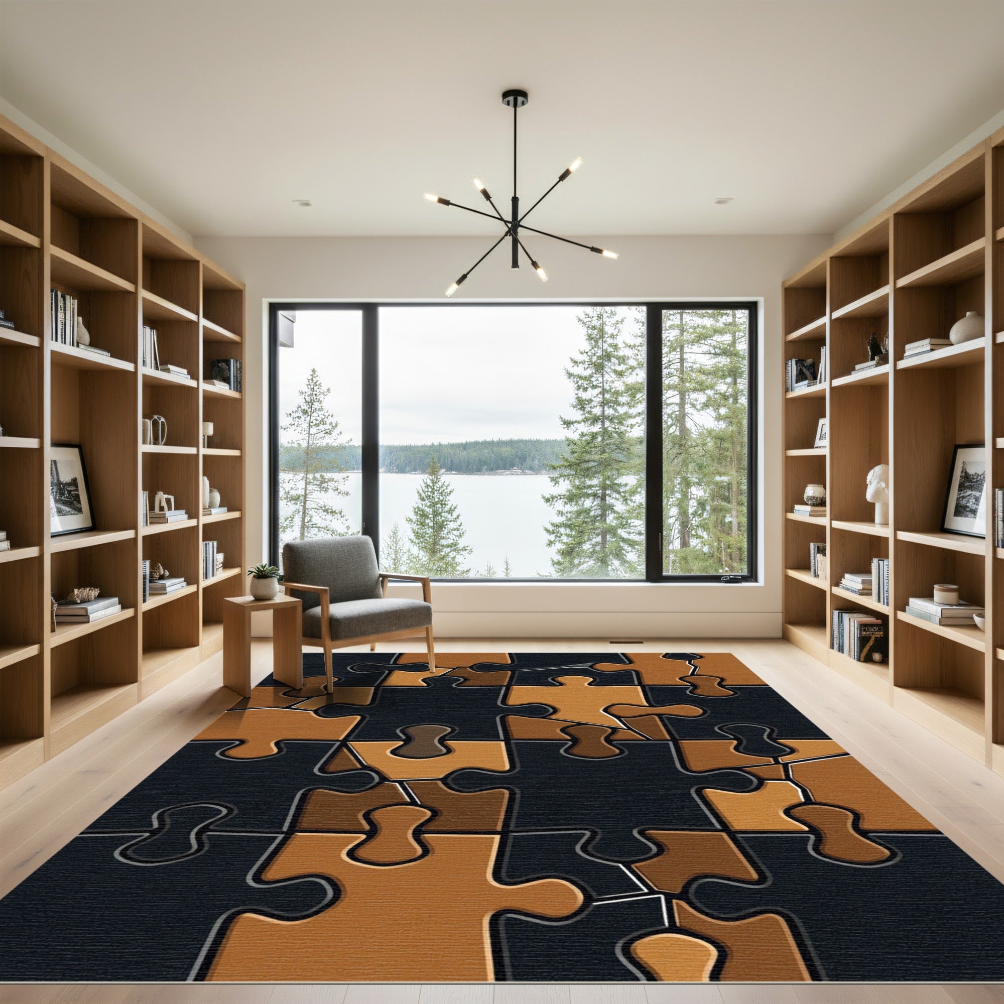 Abstract Gold and Black Jigsaw Rug