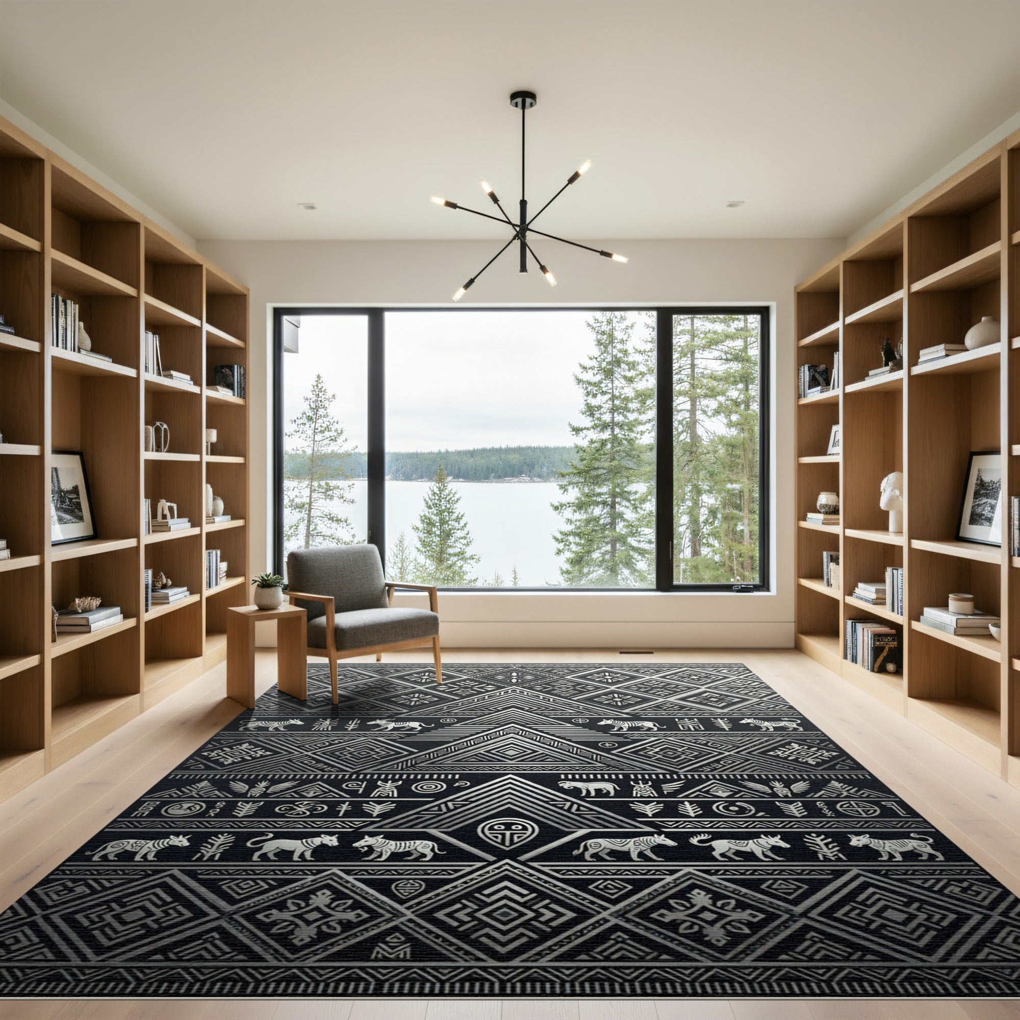 Tribal Silver Black Geometric Animal Rug