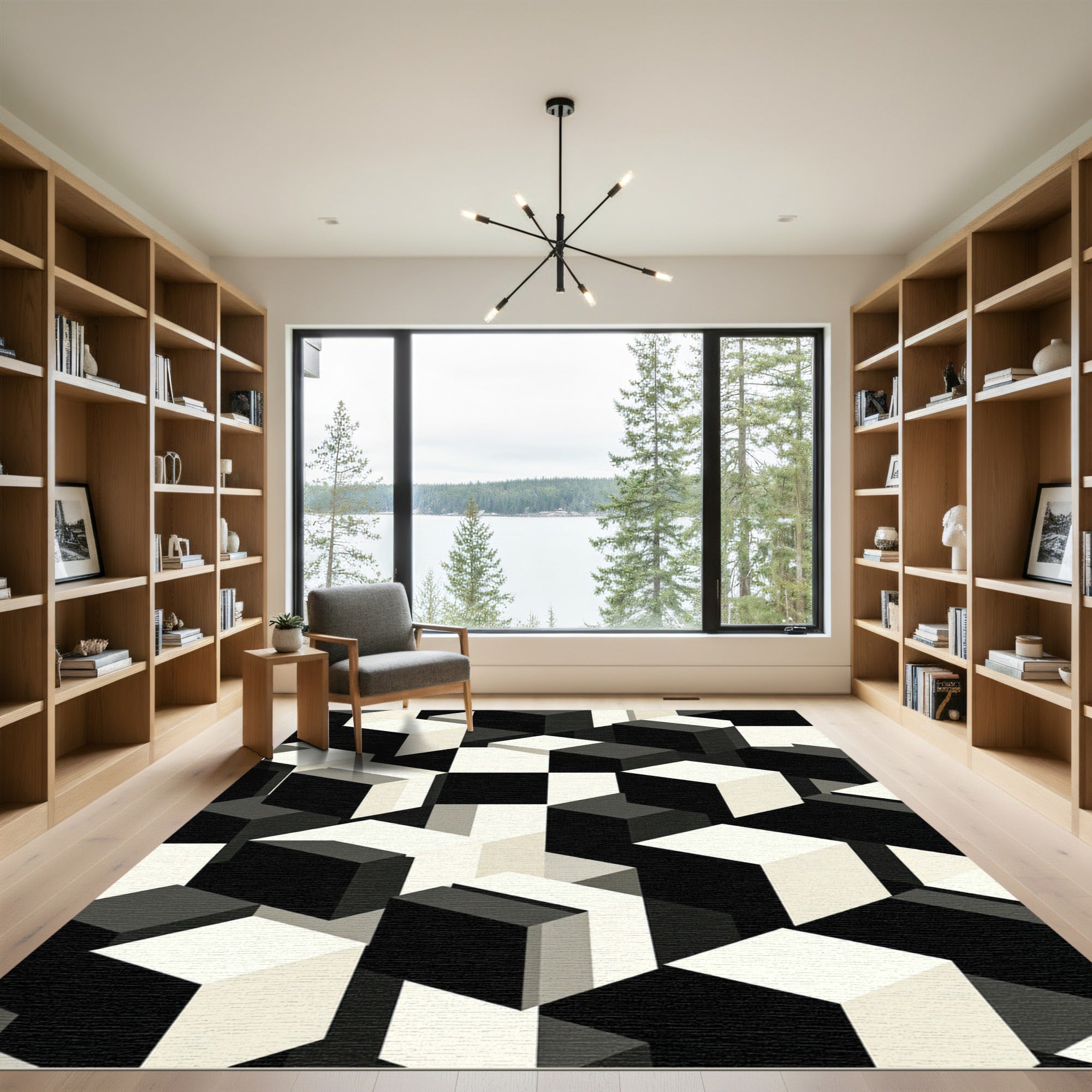 Monochromatic Geometric Cubic Abstract Art Rug