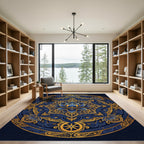 Golden Lotus Mandala Navy Circular Art Rug