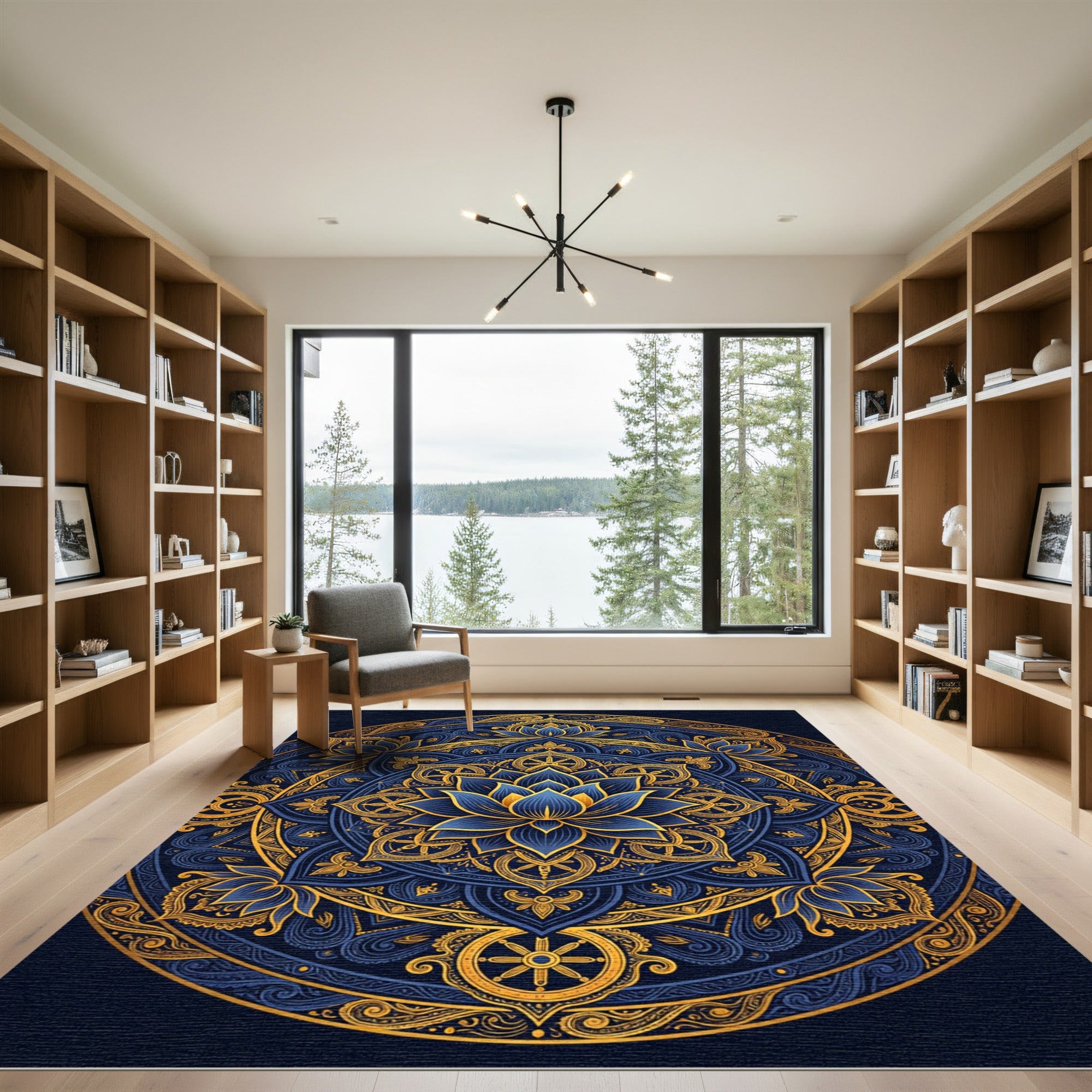 Golden Lotus Mandala Navy Circular Art Rug