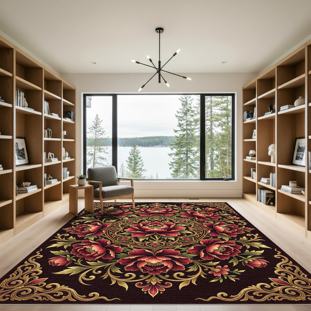 Gold Ornate Crimson Peony Medallion Rug