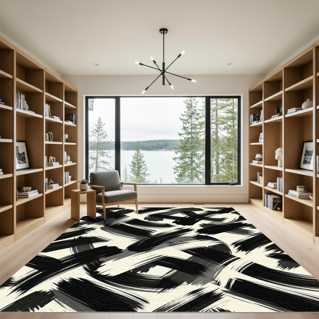 Bold Black and White Abstract Brushstroke Rug