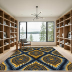 Golden Blue Tribal Sunburst Medallion Rug