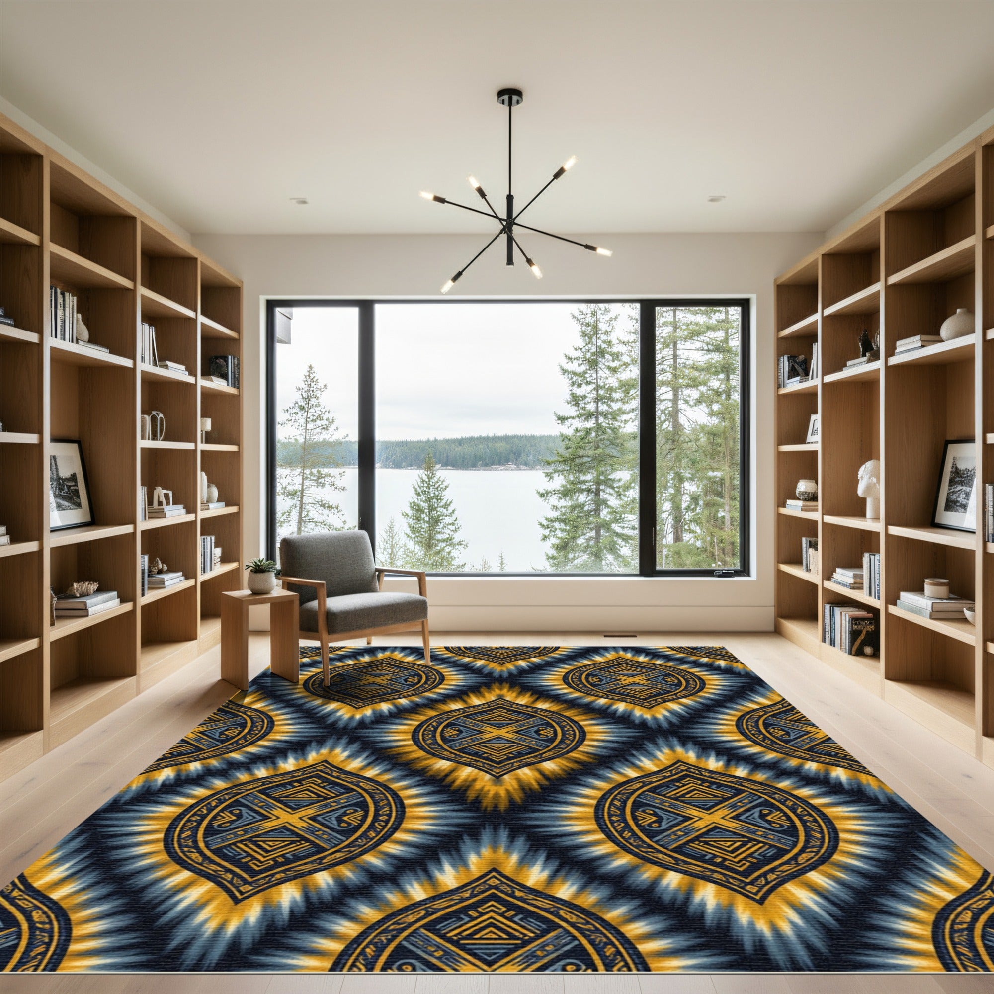 Golden Blue Tribal Sunburst Medallion Rug