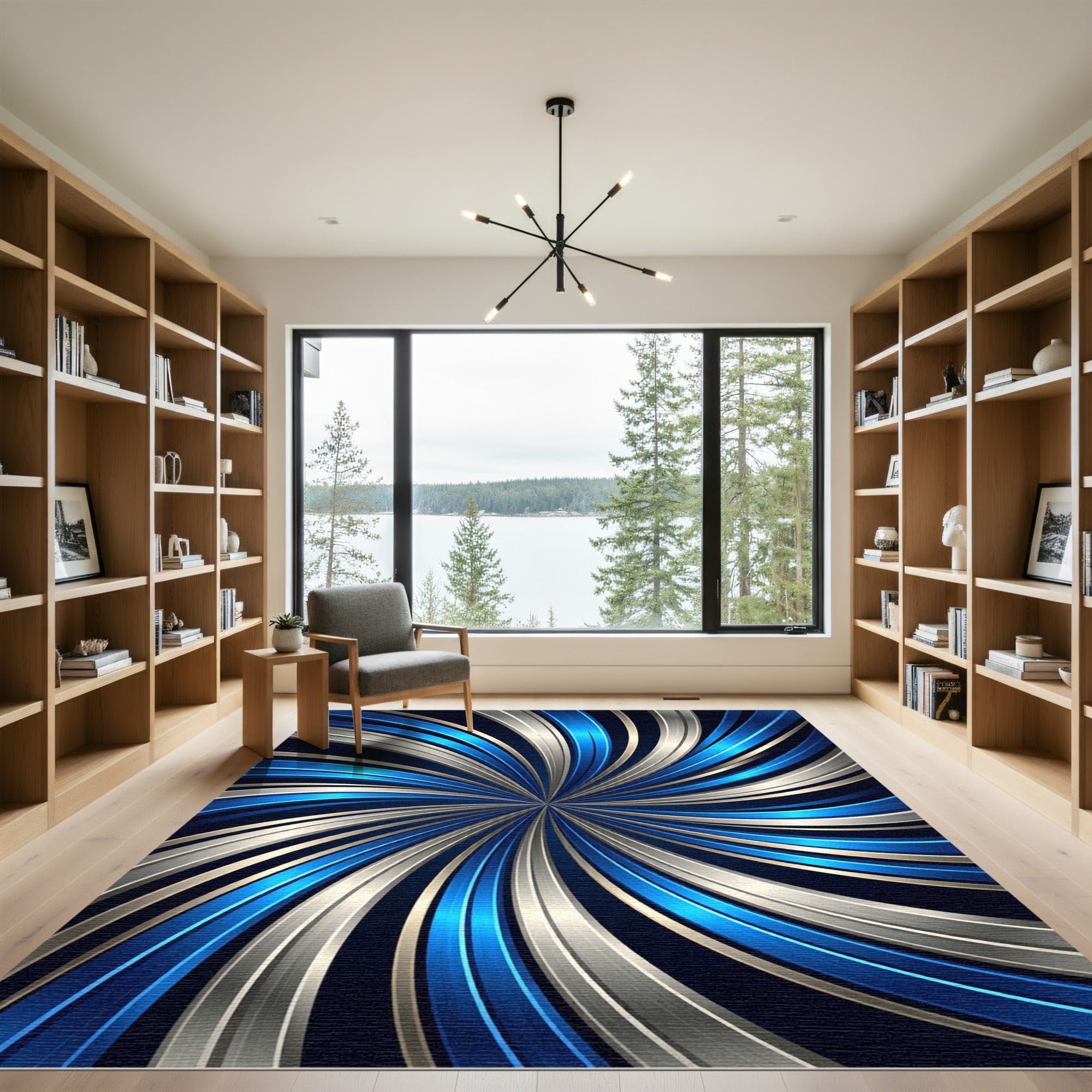 Modern Cobalt Silver Swirling Metallic Vortex Rug