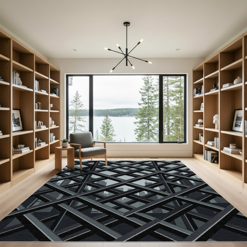 Modern Charcoal Architectural Grid Rug