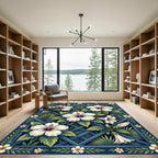 Blue Lattice White Hibiscus Floral Rug