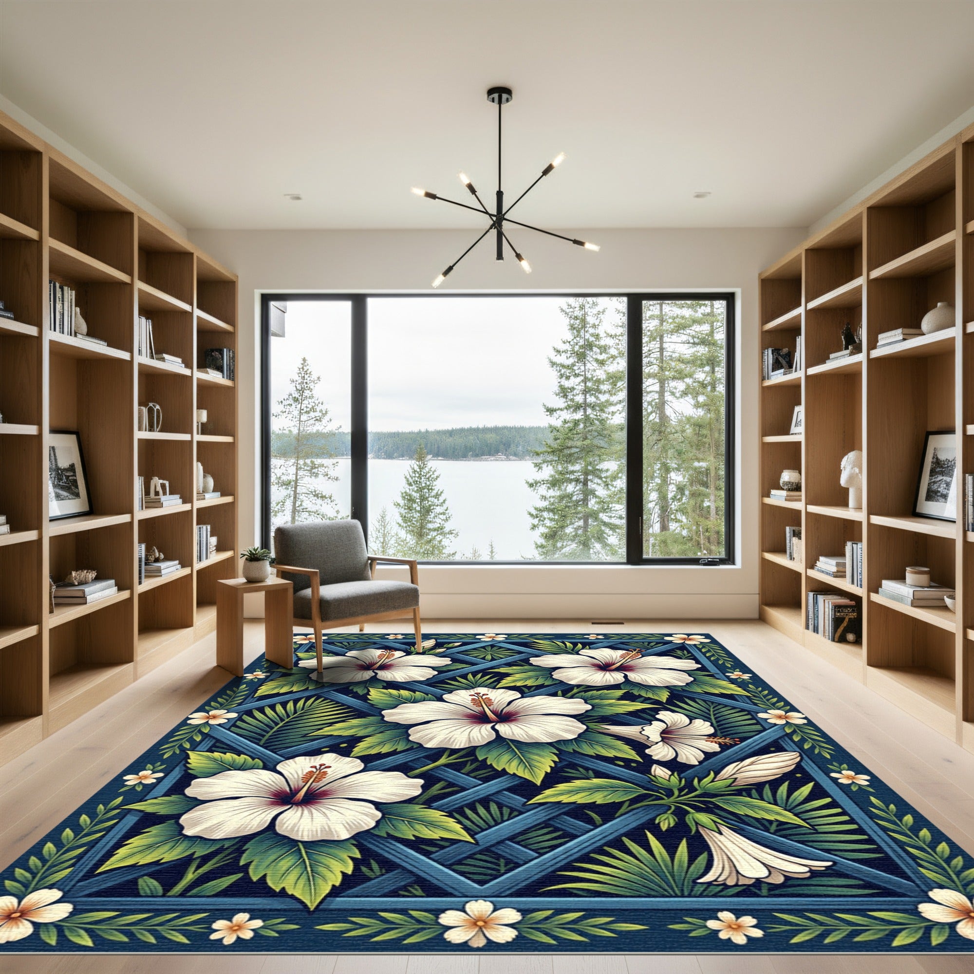 Blue Lattice White Hibiscus Floral Rug