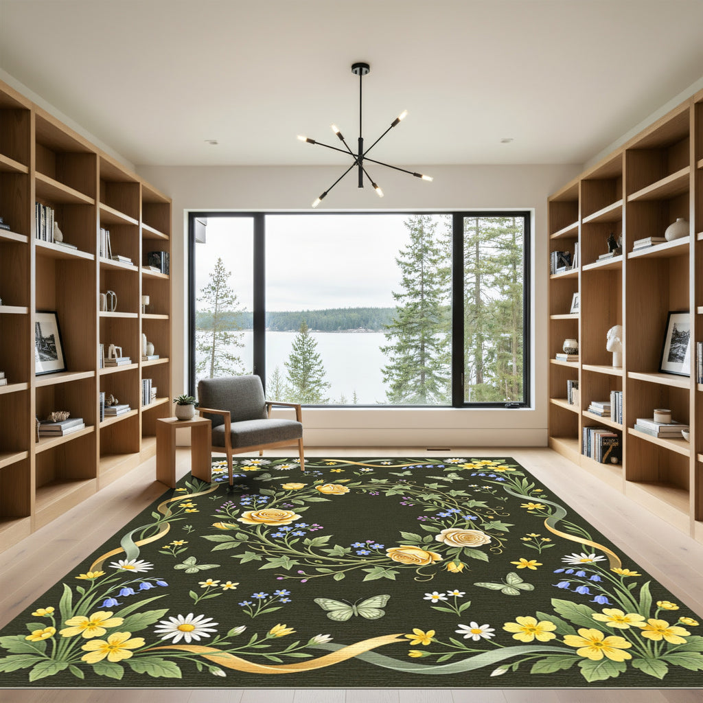 Whimsical Golden Rose Butterfly Garden Rug