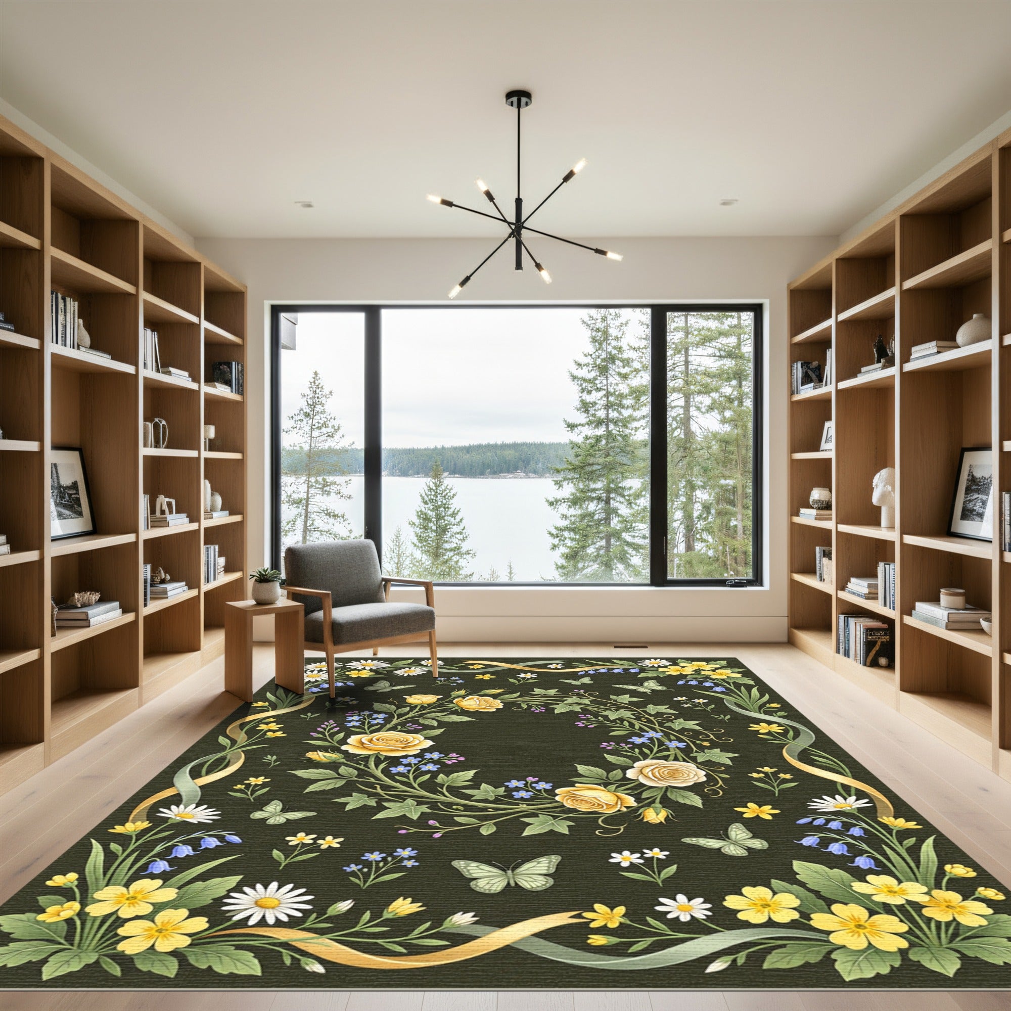 Whimsical Golden Rose Butterfly Garden Rug