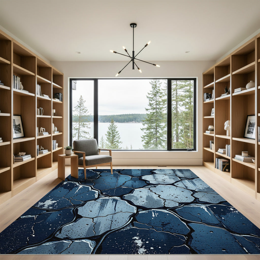 Rough Slate Blue Cracked Stone Rug