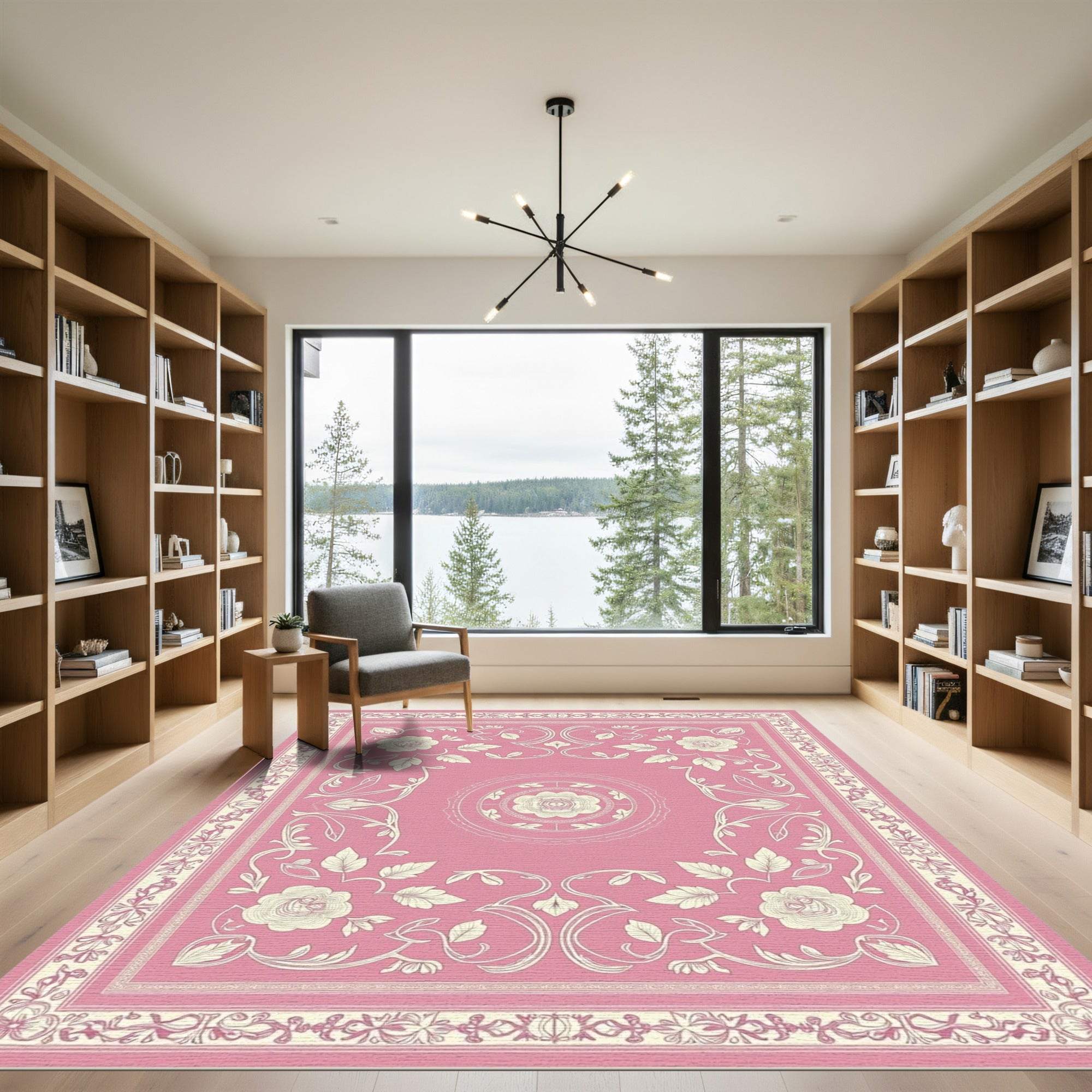 Pink Floral Arabesque Border Rug
