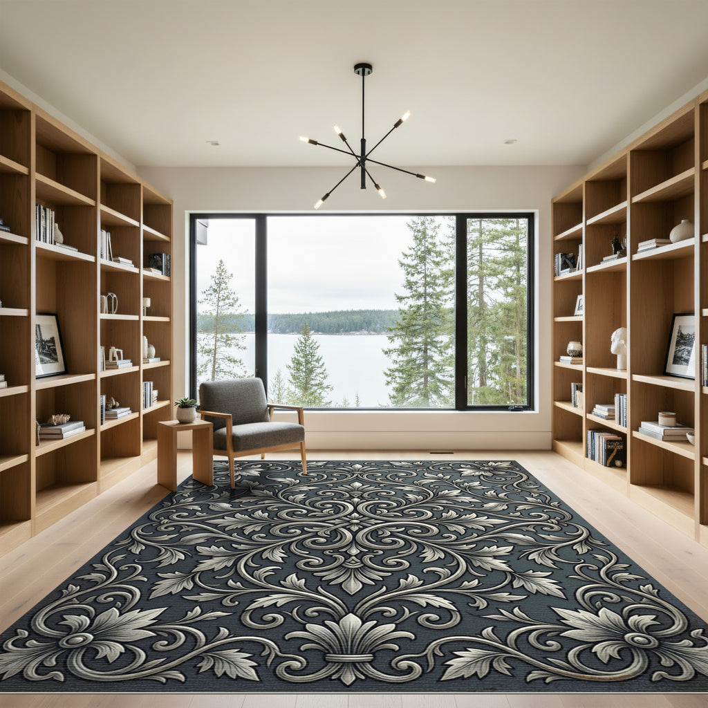 Elegant Silver Ornate Floral Damask Rug