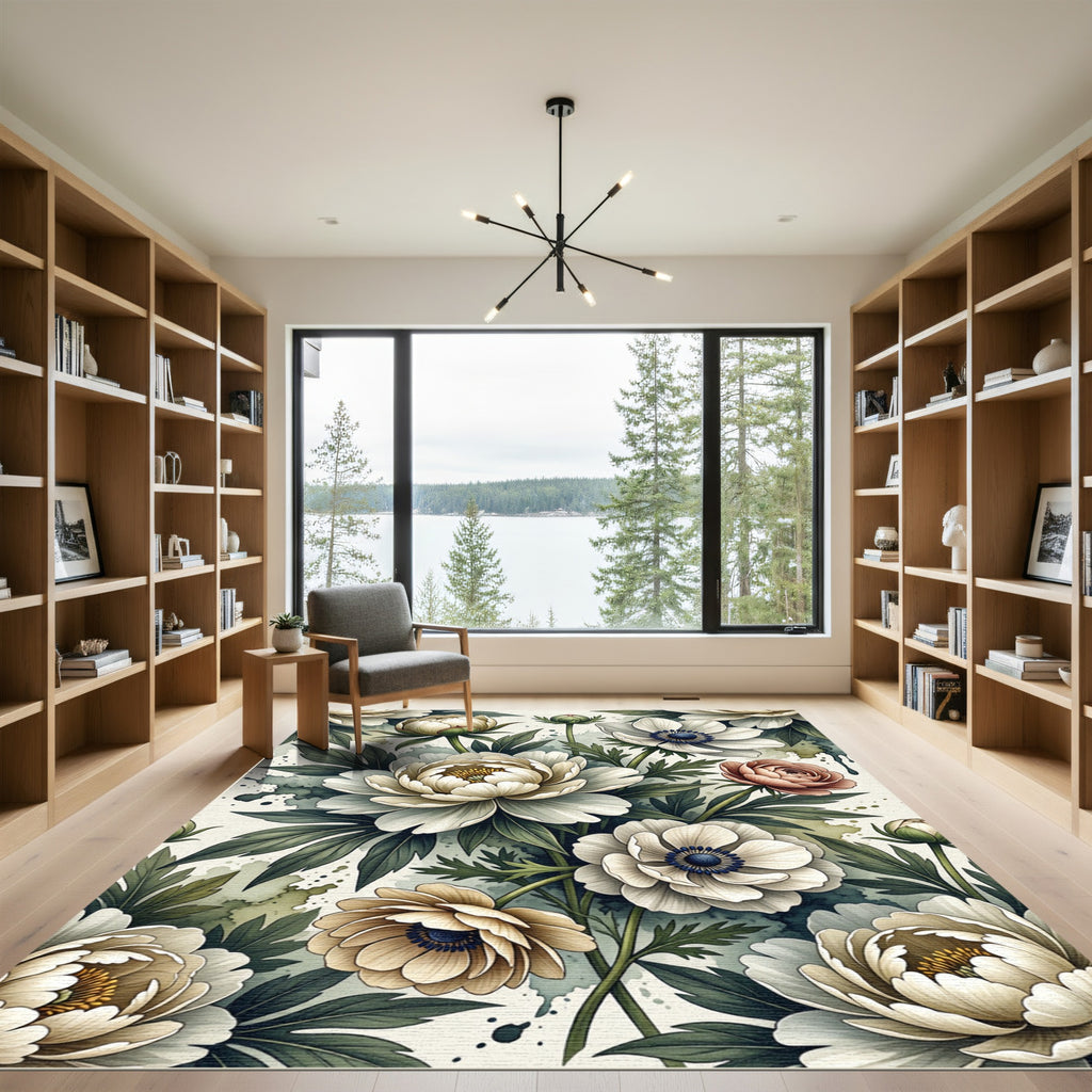 Elegant Botanical Cream Peony Floral Rug