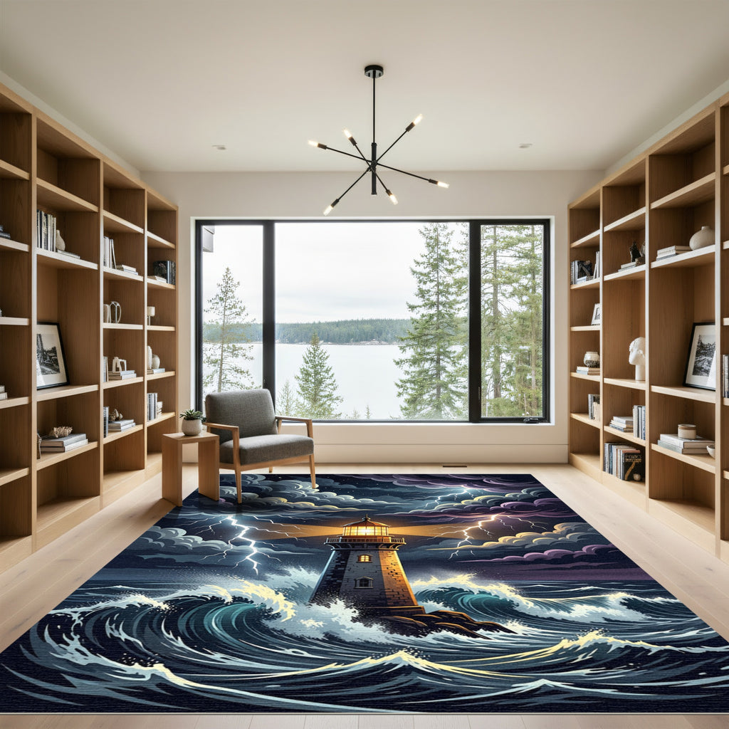 Stormy Lighthouse Ocean Lightning Scene Rug