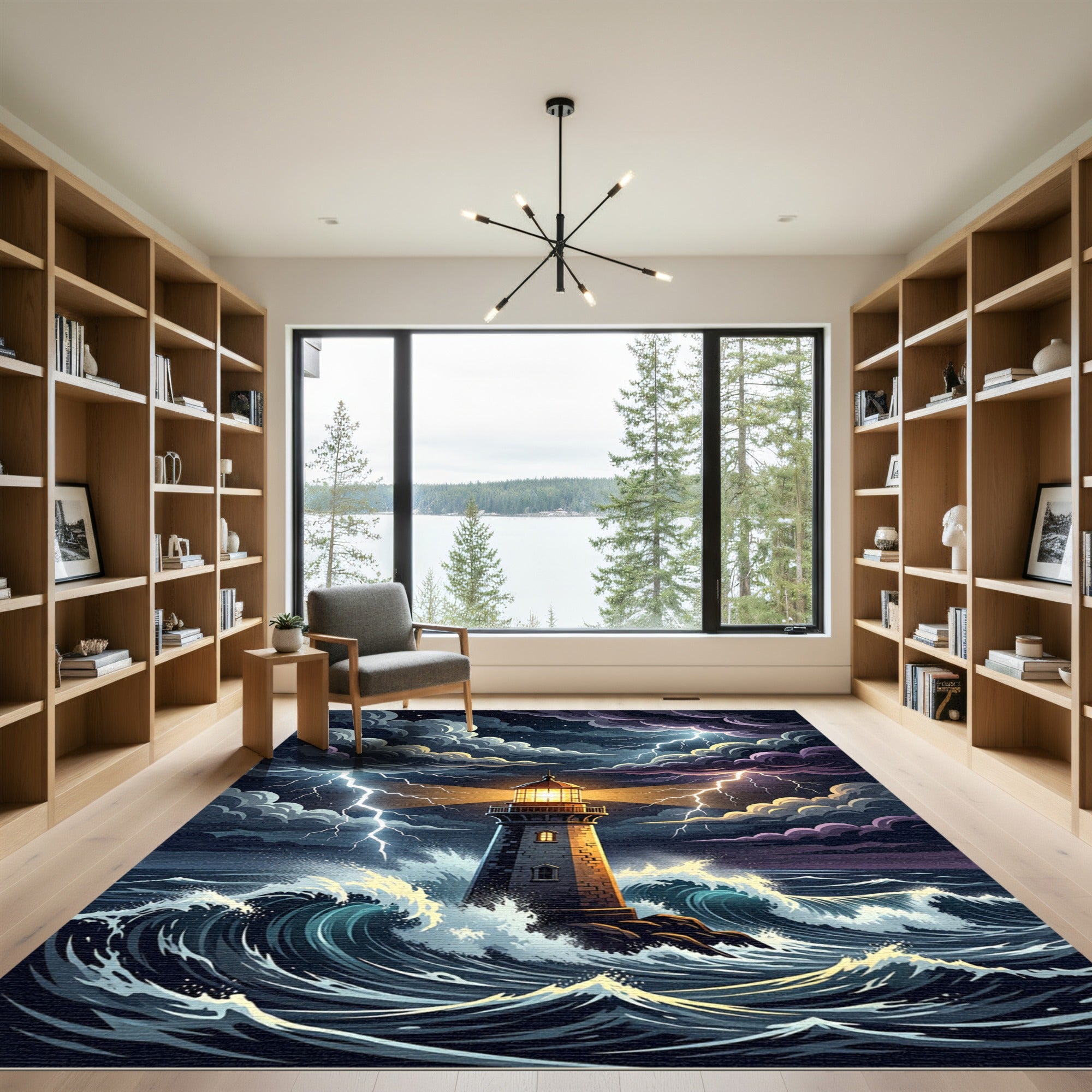 Stormy Lighthouse Ocean Lightning Scene Rug