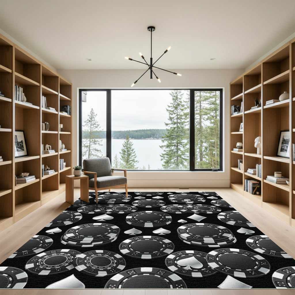 Monochrome Casino Chip Playing Card Suit Rug
