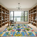 Victorian Blue Striped Floral Bouquet Rug