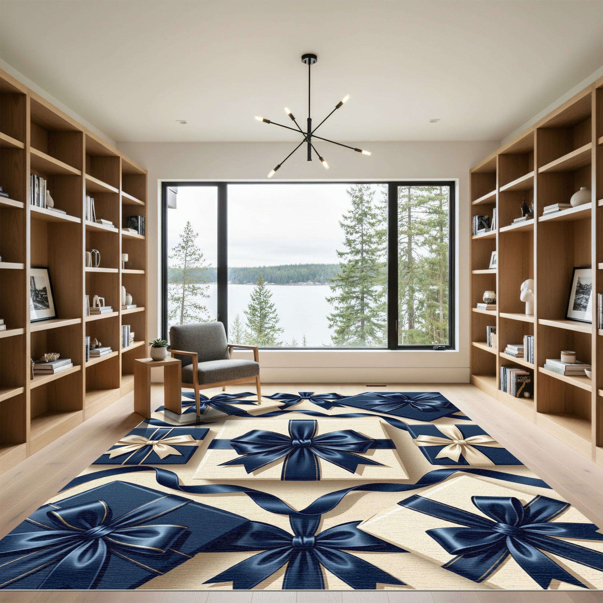 Elegant Navy Blue Ribbon Gift Wrap Rug