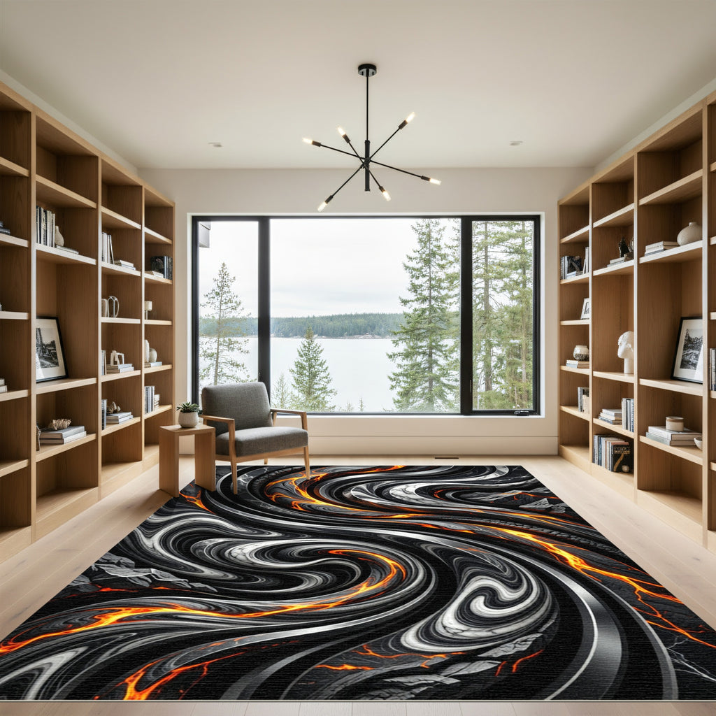 Dramatic Black Marble Lava Swirl Rug