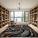 Dramatic Black Marble Lava Swirl Rug