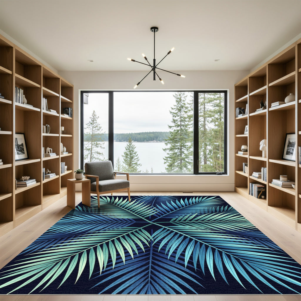 Cool Blue Palm Frond Collage Rug