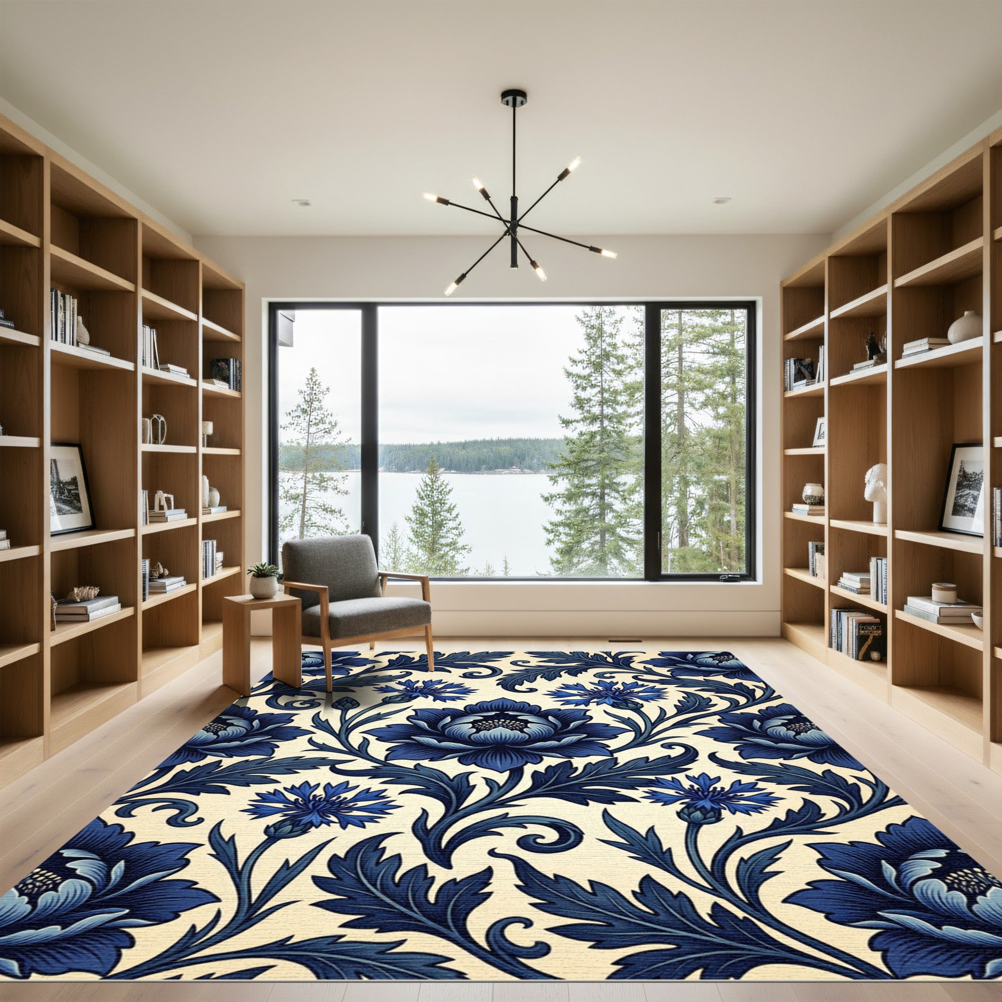 Indigo Blue Floral Art Nouveau Meadow Rug