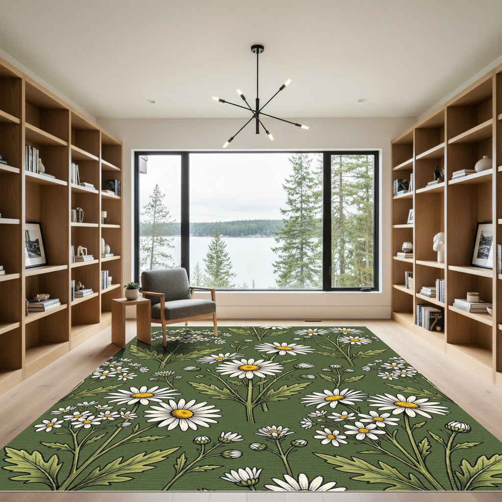 Vintage Olive Green Botanical Daisy Field Rug