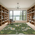 Vintage Olive Green Botanical Daisy Field Rug