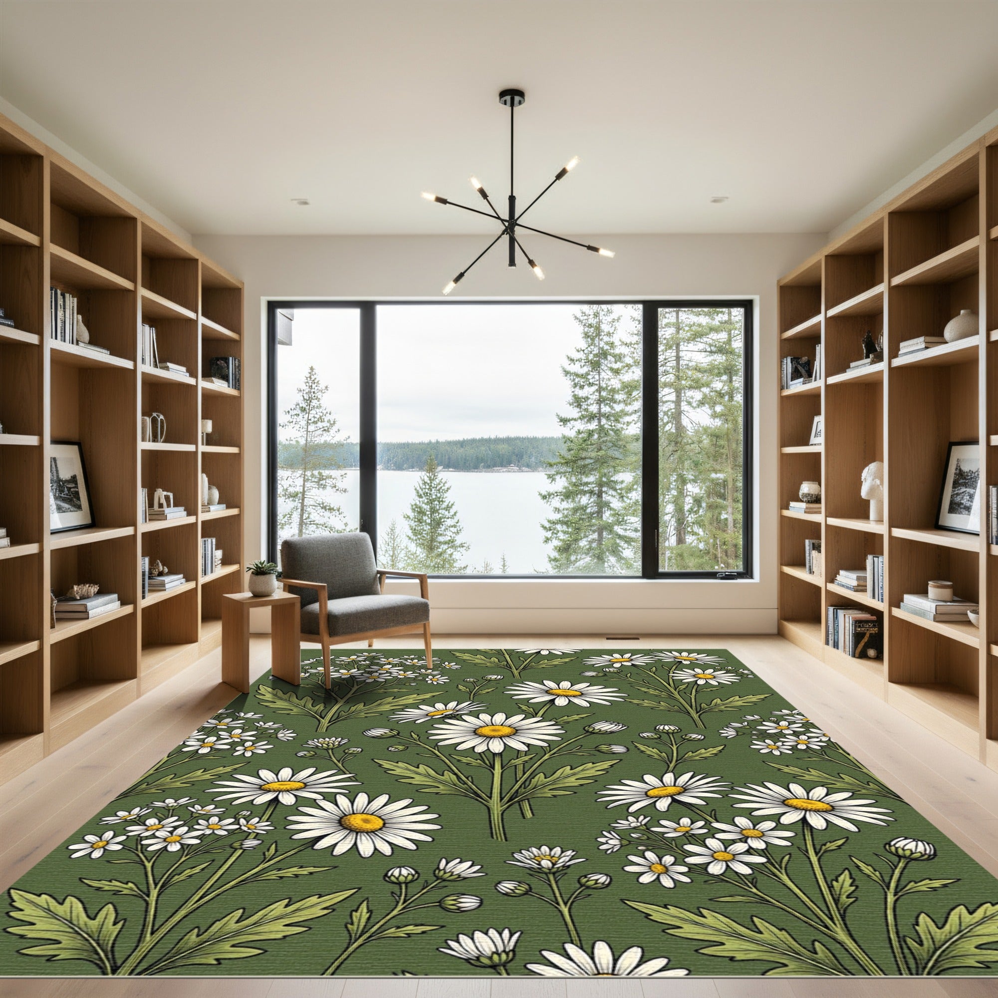 Vintage Olive Green Botanical Daisy Field Rug