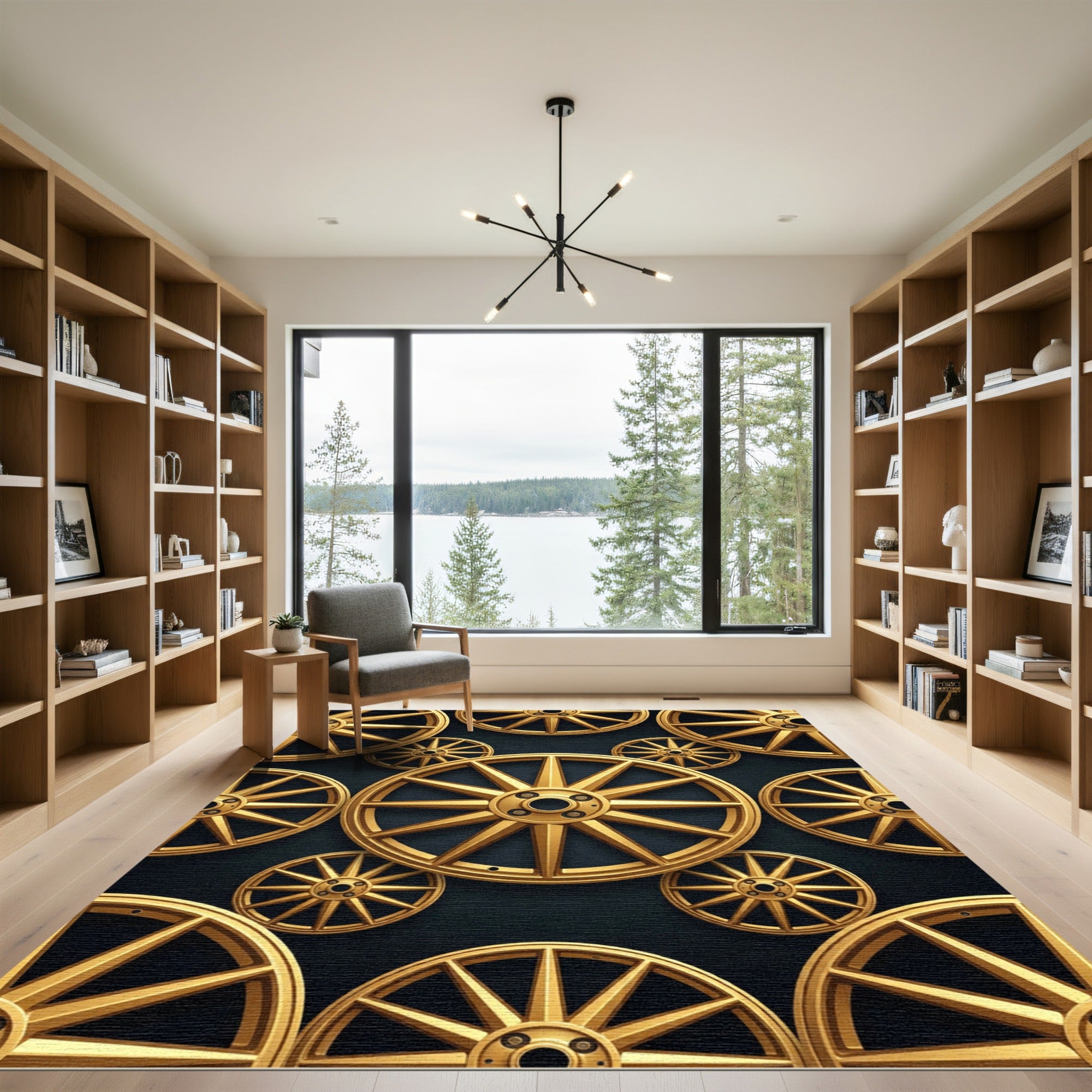 Metallic Golden Industrial Wheel Geometric Rug