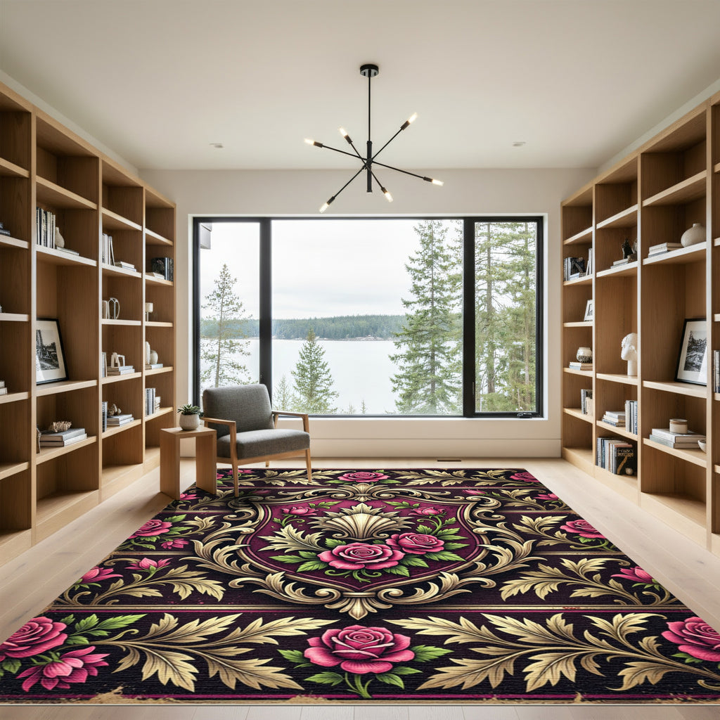 Victorian Damask Rose Floral Shield Rug