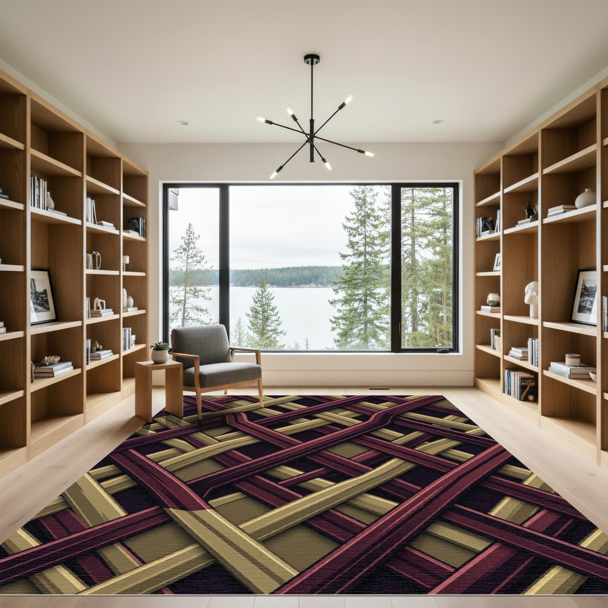Geometric Crimson and Gold Interlocking Weave Rug