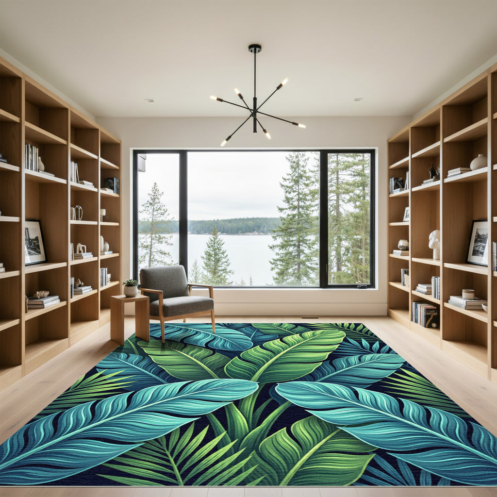 Lush Tropical Teal and Lime Foliage Rug