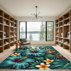 Turquoise Hibiscus Tropical Rainforest Foliage Rug