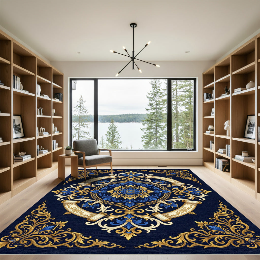 Royal Navy Blue Golden Baroque Scroll Rug