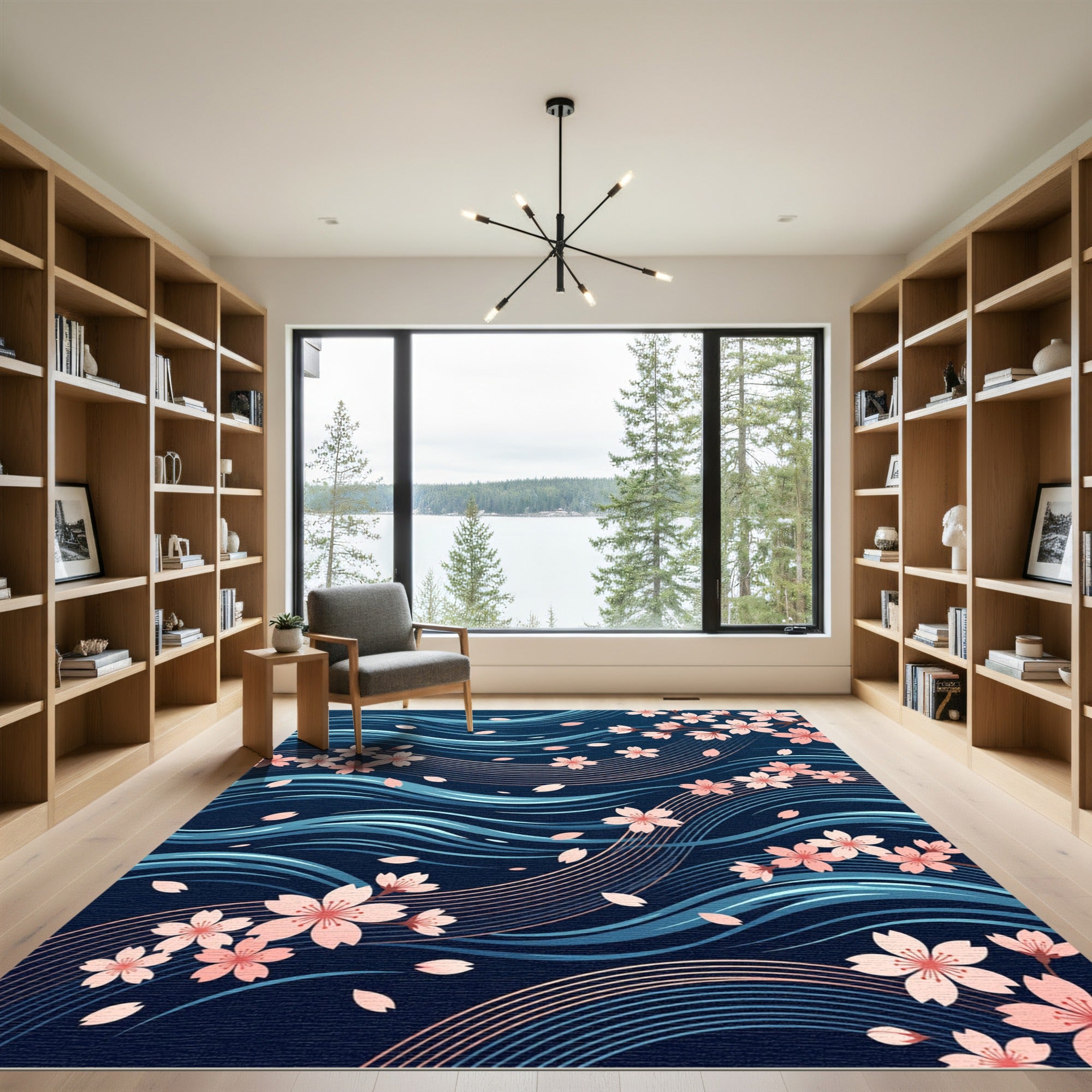 Floating Cherry Blossom Navy Wave Flow Rug