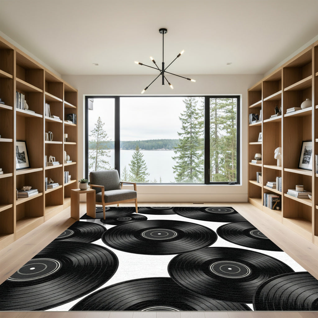Monochromatic Retro Vinyl Record Collage Rug
