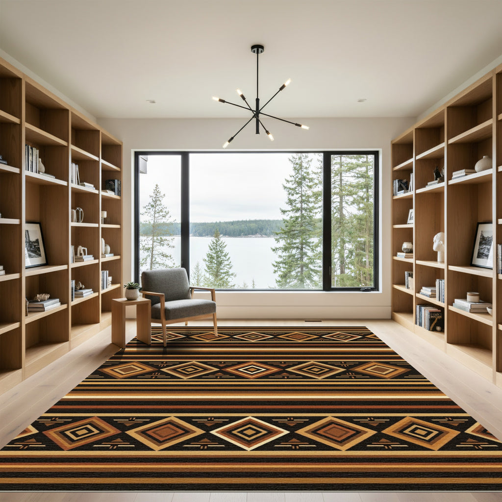 Earthy Brown Geometric Diamond Striped Tapestry Rug