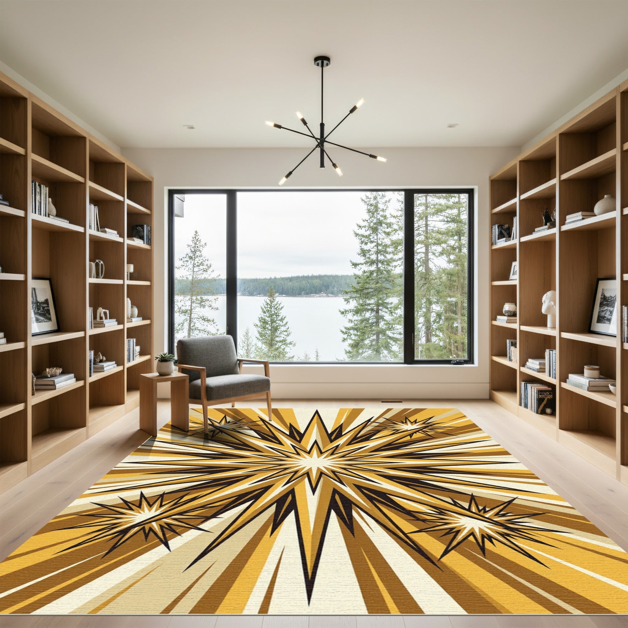 Radiant Golden Celestial Sunburst Art Rug