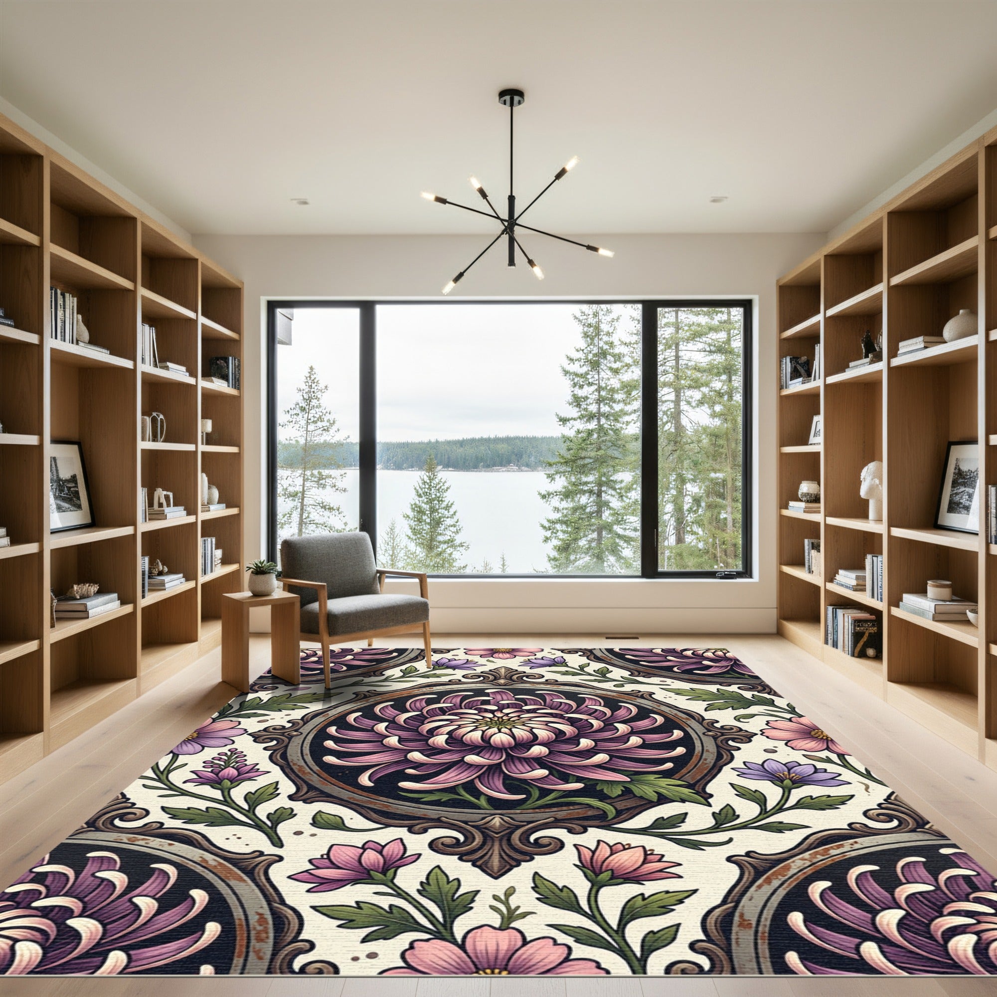 Vintage Mauve Chrysanthemum Floral Medallion Rug