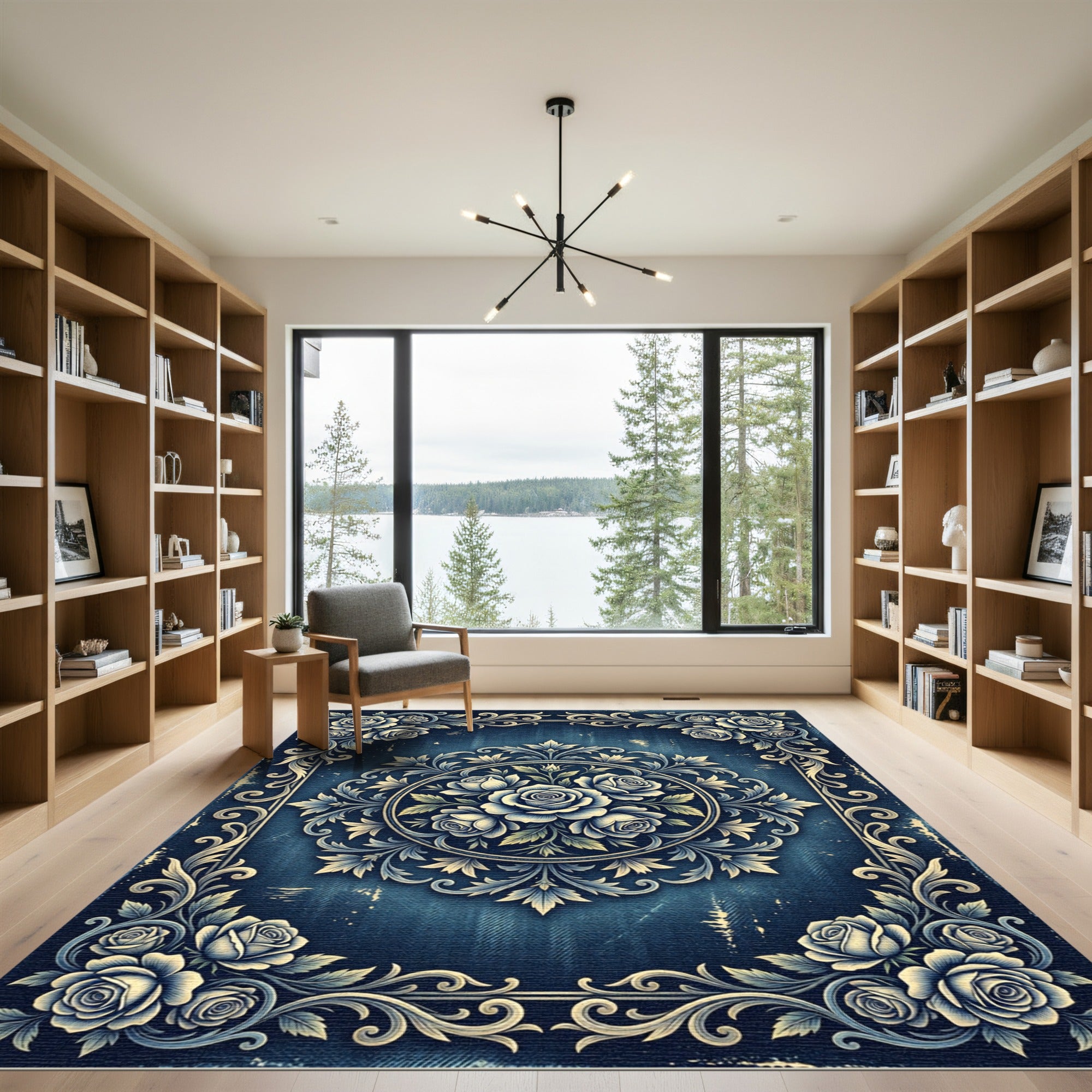 Vintage Indigo Rose Medallion Floral Rug