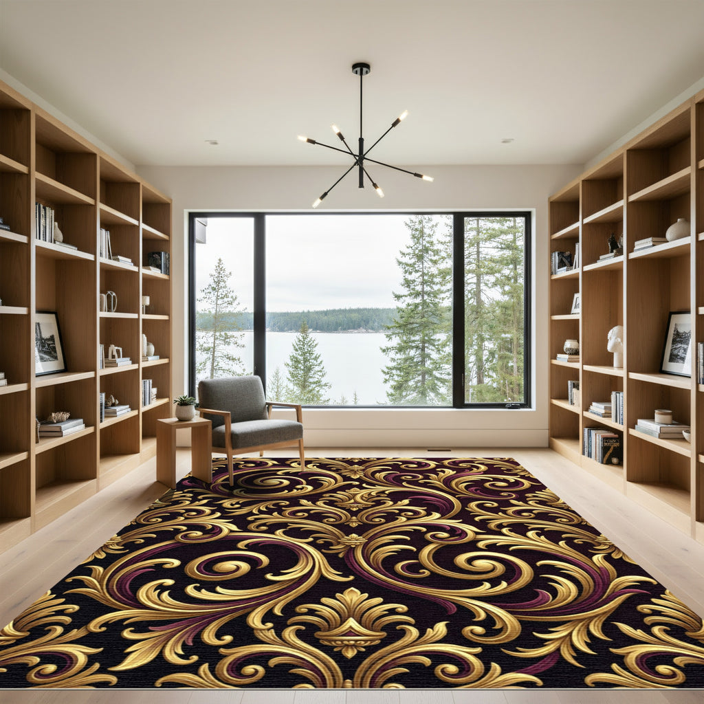 Elegant Golden Baroque Scroll Filigree Rug