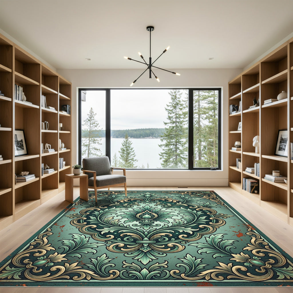 Antique Teal and Gold Acanthus Scroll Rug